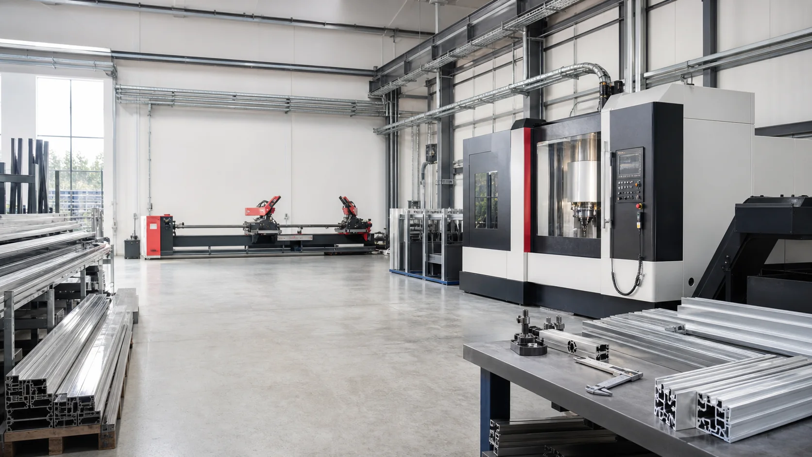 Aluminum processing equipment workshop reference with CNC machining, cutting saws, and profile inspection